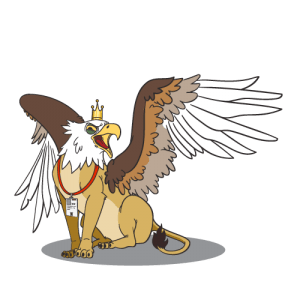 griffin monster with crown and ID badge