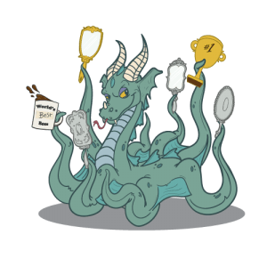 dragon monster with tentacles holding mirror and coffee cup